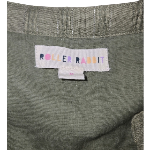 Roller Rabbit V-neck Puff Sleeve Muted Green Boxy Top Shirt Medium Sliver Thread - Picture 2 of 7